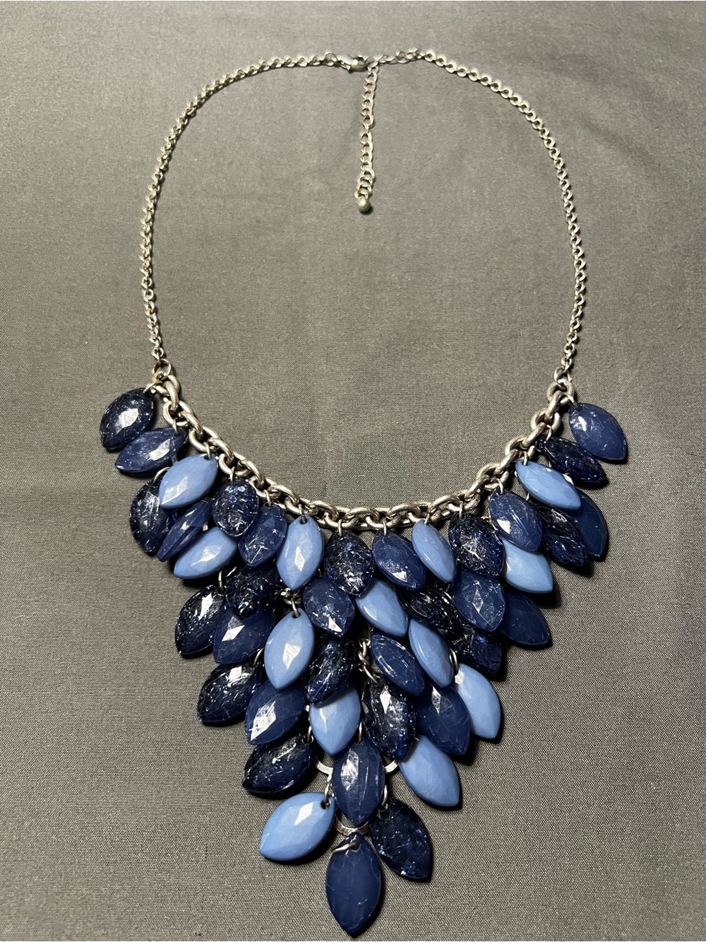Women’s Statement Bib Necklace in Navy, Light Blue on silver chain.